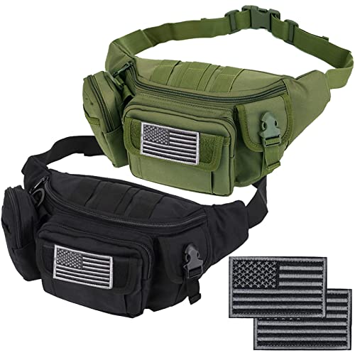 Tactical Fanny Packs, Military Waist Bag Utility Hip Belt Bags for Hiking Climbing Fishing Cycling Hunting with U.S Patch (Green+Black) - color: 2 Pack Green+Black