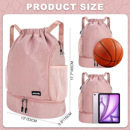 HOLYLUCK Drawstring Backpack with Shoe Compartment, Gym Bag Backpack for Women Men, Cinch Swim Beach Bag String Sports Bag for Soccer and Basketball, Pink - color: Pink