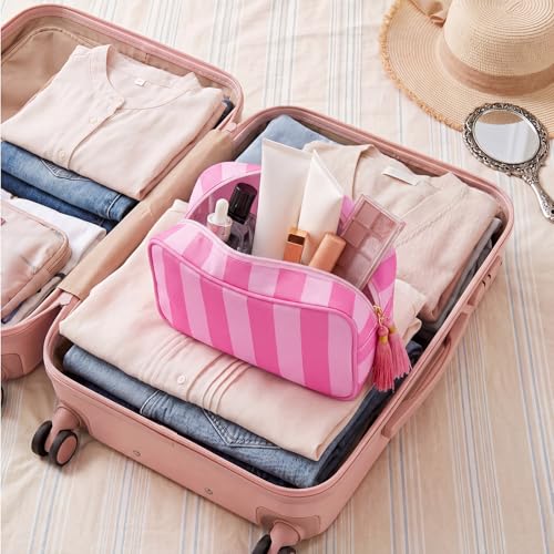 Kacctyen 6 Pack Bright Pink and Candy Pink Striped Makeup Bag bulk with Tassel Travel Cosmetic Pouch Organizer Large Zipper Toiletry Case for Women Aesthetic Storage Pouch Mahjong Tile Bag - color: Bright Pink and Candy Pink