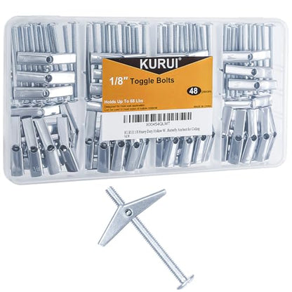 KURUI 1/8 Toggle Bolts for Drywall, 48 Pcs Heavy Duty Metal Drywall Anchors Kit, Dry Wall Anchors and Screws Kit, Butterfly Anchors for Ceiling, Sheetrock, Hollow Wall - size: 1/8"