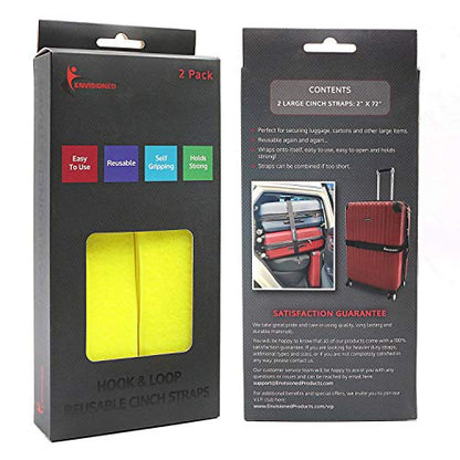 Reusable Cinch Straps 2" x 72" - 2 Pack - Hook and Loop Straps (Neon Yellow) - color: Yellow, size: 2" x 72"