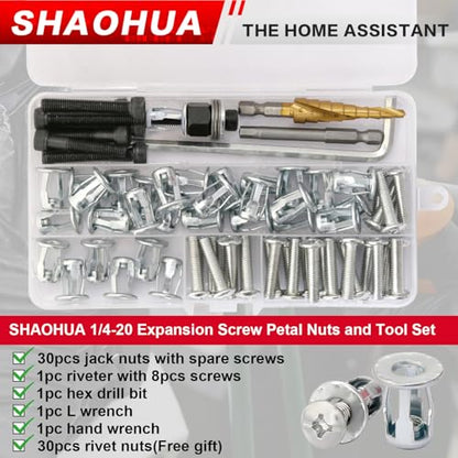 1/4-20 Jack Nuts Petal Nuts Expansion Screws with Installation Tool, Anchor Fasteners for Hollow Wall, Metal Sheet, Drywall, Aluminum Panel, Plastic, Polywood, Pressboard, Furniture, Cars - size: B. 1/4-20