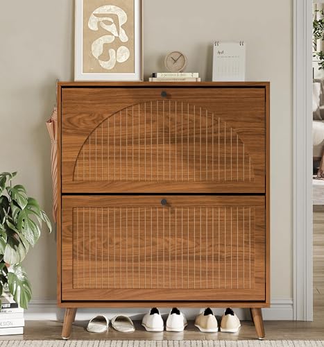 Fsbecl Shoe Storage Cabinet for Entryway with 2 Flip Drawers, Narrow Wood Shoe Cabinet with Fluted Panel, Freestanding Hidden Shoe Organizer for Hallway - color: Walnut, size: 2 Drawers-Double Layer