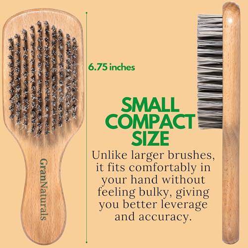 GranNaturals Hard Bristle Slick Back Hair Brush for Men & Women with Thick Curly Hair - Stiff Nylon Small Hairbrush for Smoothing, Waves, Beard, Fades, Locs, Dreads