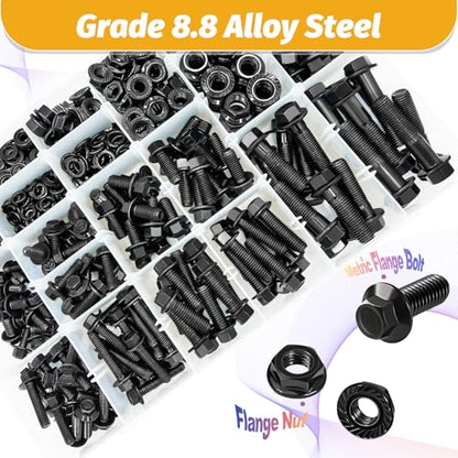 Kadrick Metric Flange Bolt Assortment Kit，700Pcs M6 M8 M10 Bolt Kit,M6-1.0 M8-1.25 M10-1.25 (12mm to 45mm) Hex Bolts Nuts and Washers Kit,Black Zinc Plated - size: M6 M8 M10 700Pcs Flange HEX