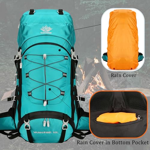 60L Travel Hiking Camping Backpack with Rain Cover, Backpack Water Resistant,Climbing Backpack for Men Women - color: Lake Blue