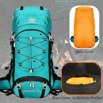60L Travel Hiking Camping Backpack with Rain Cover, Backpack Water Resistant,Climbing Backpack for Men Women - color: Lake Blue