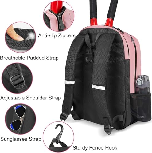 Ytonet Tennis Bag Tennis Backpack for Women Men 2 Rackets | Insulated Pocket and Ventilated Shoe Compartment, Gym Bags with Fence Hook for Pickleball and Badminton Rackets - color: Pink