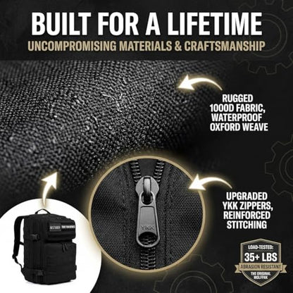 WOLFpak 35L Athletic Gym Backpack - Durable 1000D Waterproof Oxford Material with MOLLE Webbing, Laptop Pocket - color: Alpha Black White Accents