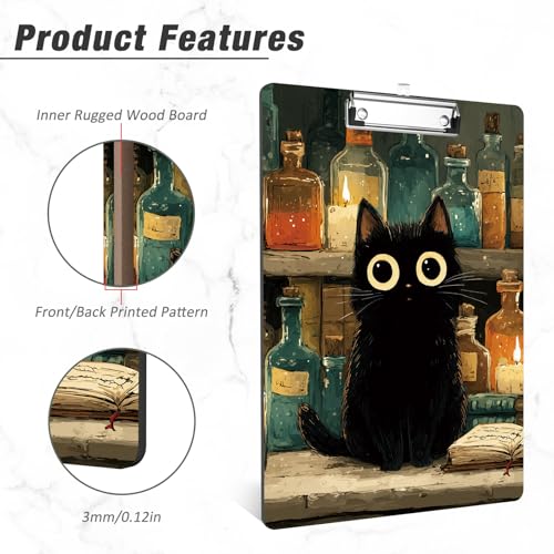Rimilak Wood Clipboard, 8.5x11 Hardboard Clip Board, Black Cat | Fun Design, Cute Custom Pattern, 9 x 12.5 in Letter Size for Classroom, Teachers, Kid, Woman, School & Office Supply - color: Black Cat