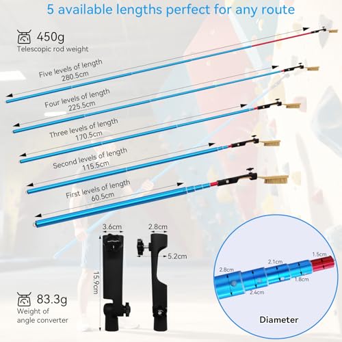 Stick Clip Rock Climbing Brush with Extendable Pole| Angle Adjustable Bouldering Chalk Brush Climbing Sticks