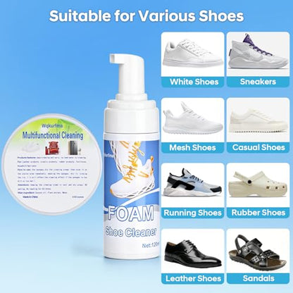 2PCS Shoe Cleaner,Portable Shoe Cleaning Kit for Travel,Business Trips,Gym | Deep Cleaning Shoe Sole Cleaner,13.1 OZ Foam Sneaker Cleaning Kit with Brush Towel Sponge,Sneakers Cleaner for White Shoes