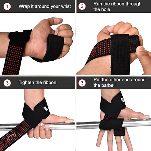 AQF Weight Lifting Straps, Padded Cotton Gym Wrist Straps for Deadlifts | 23" Extra-Long, Heavy-Duty Webbing, 5mm Neoprene Cushioning, Open-Loop Design, Sold as Pair, Ideal for Rows & Pull Workout - color: Black/Red Gel Grip