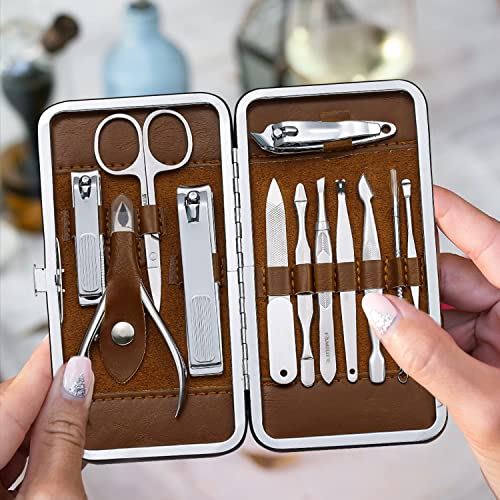 FAMILIFE Manicure Set, Professional Nail Kit Nail Clipper Set, 12PCS Stainless Steel Manicure Kit, with Brown Leather Travel Case Luxury Gifts for Him - color: Light-brown