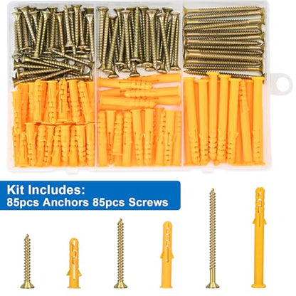 Aovchei 170pcs Drywall Anchors Kit, 85 Plastic Anchors and 85 Screws | 3 Size #6 * 30#6 * 40#6 * 60, Wall Hanging Kit for Hanging Picture Frame, Shelf Brackets, Curtain Rod - size: #6*30 #6*40 #6*60