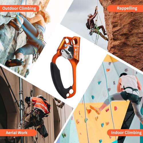 UIAA & CE Certified Hand Ascender Rock Climbing Tree Arborist Rappelling Gear Equipment Rope Clamp for 8~13MM Rope - color: Orange-Left