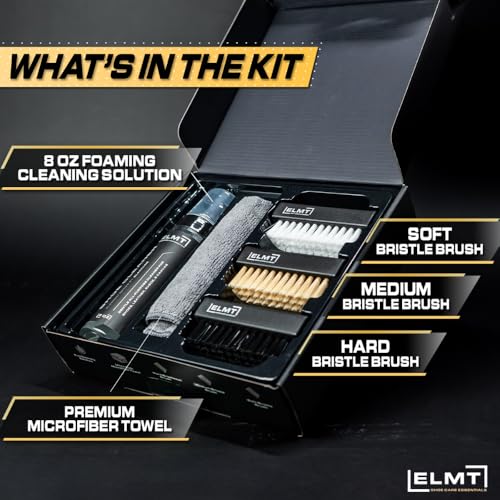 Blackline ELMT Shoe Cleaner Kit — Ideal Sneaker, Canvas, Mesh, Nubuck, Sheepskin, Leather, Suede Shoe Cleaner — US-Made, Safe, 10X Potent Shoe Cleaning Kit (8 oz Solution, 3 Brushes, Microfiber Towel)