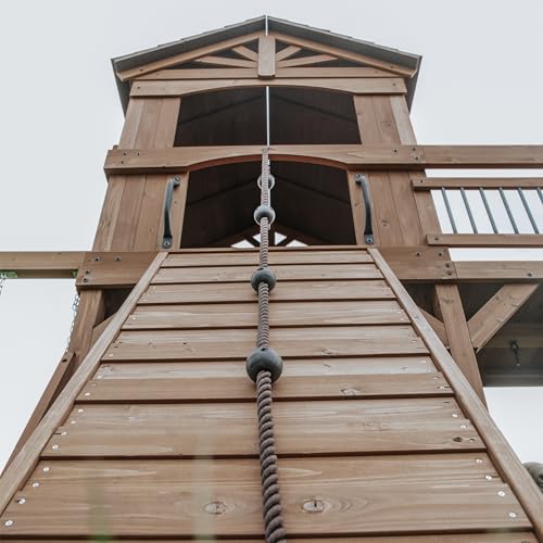 Backyard Discovery Sterling Point Cedar Wood Swing Set with Wave Slide, Raised Clubhouse, Wooden Bridge, Rock Wall, Belt Swings, Web Swing, Trapeze, Balcony, Climbing Wall, Ladder, Outdoor Playset - color: Grey Slide, style: Cedar