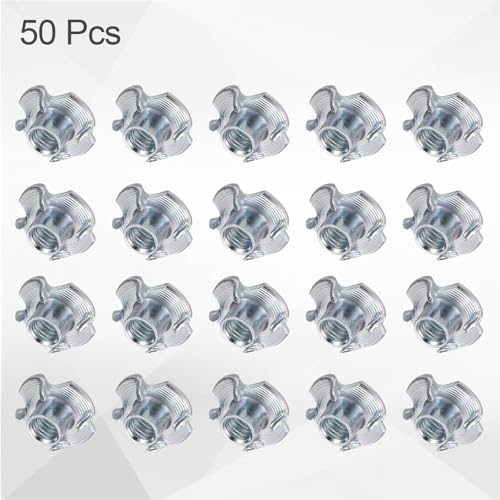 HARFINGTON M5x6mm T-Nuts 4 Pronged Tee Nut 0.57" x 0.24" Fully Thread Carbon Steel Inserts for Wood, Rock Climbing Holds, Cabinetry, Furniture 50pcs - size: M5x6mm