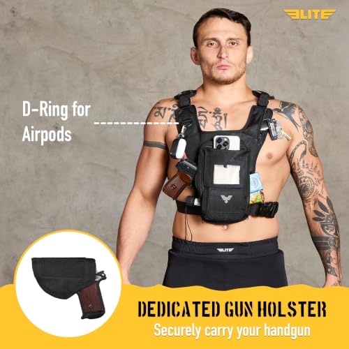 Elite Sports Running Vest w/Phone Holder, Gun Holster for Men/Women, Reflective Lightweight Chest Pack w/Touch Friendly Phone Sleeve, Camera Pocket - Chest Rig for Hiking, Trail, Marathon, Camping - size: Medium