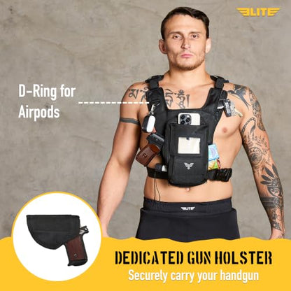 Elite Sports Running Vest w/Phone Holder, Gun Holster for Men/Women, Reflective Lightweight Chest Pack w/Touch Friendly Phone Sleeve, Camera Pocket - Chest Rig for Hiking, Trail, Marathon, Camping - size: Medium