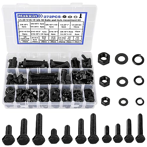 272PCS Hex Bolts and Nuts Kit, 1/4, 5/16, 3/8 Hex Bolts Screws Nuts Flat Lock Washers Assortment Kit, Carbon Steel Machine Screws Set Grade 8.8 (Black) - size: 272PCS 1/4 5/16 3/8 Hex Bolts Black