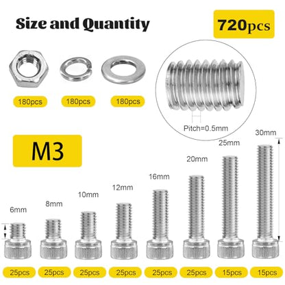 720pcs M3 Screws Assortment kit, Hex Socket Head Cap Bolts, Nuts & Washers Assorted Set M3x6/8/10/12/16/20/25/30 mm, 304 Stainless Steel Hardware Kit for DIY, 3D Printer - size: SS M3 720pcs