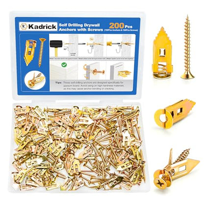 Kadrick 200Pcs Self Drilling Drywall Anchors with Screws，Zinc Plated Steel,2025 Upgraded Hollow Wall Anchors and Screws Kit, Easy Application No Drill or Holes in Wall(100 Anchors and 100 Screws) - size: 200Pcs M4*30+12mm*30mm