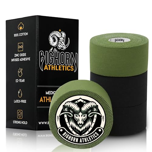 Bighorn Athletics Sports Tape 1.5" x 45Ft, 4 Rolls, Military Green/Black | Warrior Edition finger and toe tape for BJJ, Wrestling, Judo. Residue-free Zinc Oxide adhesive, EZ-tear breathable cotton. - color: Military Green & Black, size: 1.5-Inch