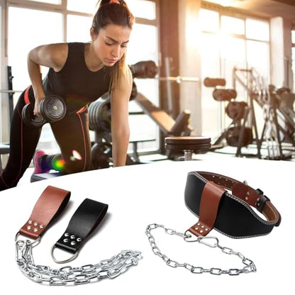 Dumbbell Loading Strap with Iron Chain Waist Belt Dip Attachments PU Leather Weight Lifting Weight Plate Strap Sports Dip - color: brown