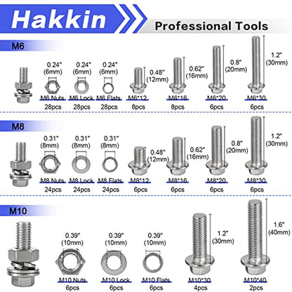Hakkin 232Pcs Flange Hex Bolts and Nuts Kit M6 M8 M10 Metric Bolt Assortment, 304 Stainless Steel Metric Hex Bolt, M6-1.0 M8-1.25 M10-1.5 Flange Screw Set Nuts and Bolts Assortment Kit - size: 232PCS M6 M8 M10 Flanged Bolts Silver