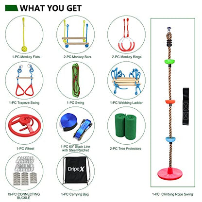Ninja Obstacle Course for Kids Backyard - 10 Durable Obstacles and 60' Slackline - Outdoor Warrior Obstacle Playset Equipment with Gymnastic Ring, Rope Ladder, Ninja Wheel, Climbing Rope Swing