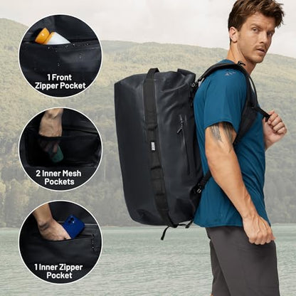 MIER Large Waterproof Duffel Bag - 60L/80L Dry Bag Backpack | Detachable Backpack Straps; Multi-Pockets; Roll-Top with Hook-and-Loop Closure; Motorcycle, Kayaking, Gym, Beach, Boating - color: Black, size: 80L