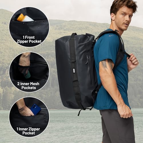 MIER Large Waterproof Duffel Bag - 60L/80L Dry Bag Backpack | Detachable Backpack Straps; Multi-Pockets; Roll-Top with Hook-and-Loop Closure; Motorcycle, Kayaking, Gym, Beach, Boating - color: Black, size: 60L