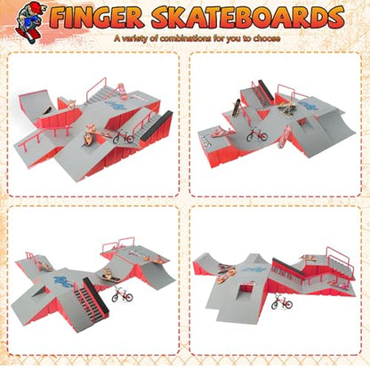 Finger Skateboard Park Kit for Kids, 14-in-1 Mini Skatepark Ramp Set with Half Pipe, 8 Finger Skateboards & Finger Bike, Ramp Accessories Toy Gifts for Boys Girls Ages 3+ - color: 14in1-red