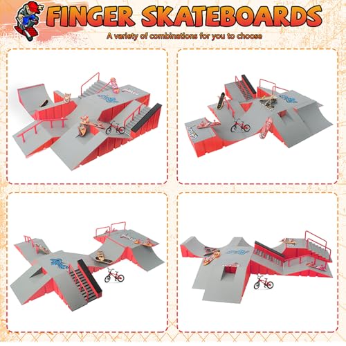 14-in-1 Fingerboard Skatepark Set with 8 Finger Skateboards and Finger Bike | Modular fingerboard skatepark, Multiple layouts, Smooth-edge ABS ramps, Half pipe and rails, Fits most standard fingerboards - color: 14in1-red