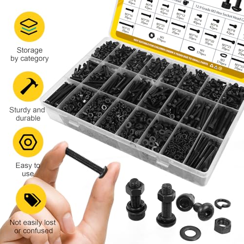 2300PCS M3 Screws with Nuts Assortment Kit, M3x4/6/8/12/16/20/25/30/35 mm Hex Socket Button & Cap Head Bolts Nut and Washers Set, 12.9 & 10.9 Grade Black Zinc Plated for DIY, 3D Printer - size: M3 2300pcs