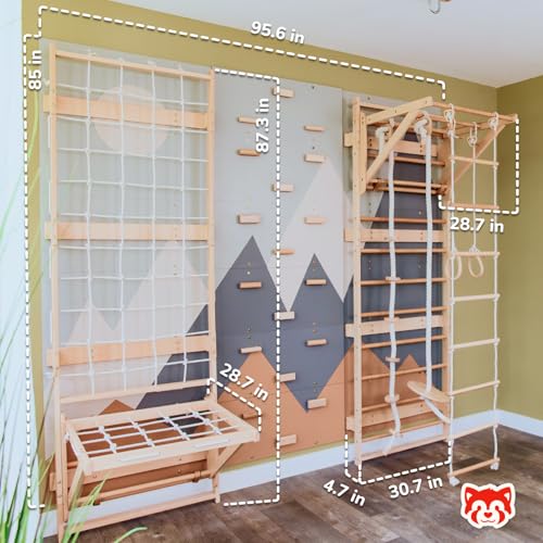 Wood And Hearts 8in1 Modular Swedish Wall Gym Set for Kids Indoor Active Play – Adjustable Pull-Up Bar, Rock Climbing Wall, Rope Accessories & Decorative Panels (Base Set+Rope Accessories+Sit-Up Bar) - style: Base Set + Rope Accessories + Sit-Up Bar