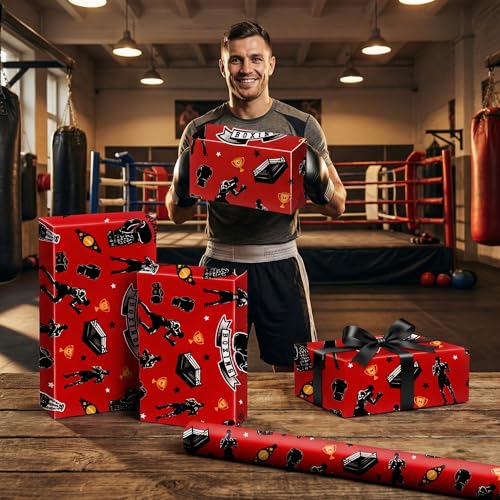 Liobelon Boxing Wrapping Paper Roll, Sports Gift Wrap with Boxing Gloves, Punching Bag, Champion Belt & Boxer Design – for Birthday, Father’s Day, Fight Fan Presents, 17 Inch X 16.4 Feet - color: Boxing