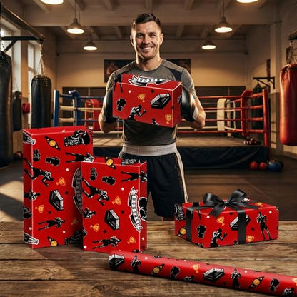 Liobelon Boxing Wrapping Paper Roll, Sports Gift Wrap with Boxing Gloves, Punching Bag, Champion Belt & Boxer Design – for Birthday, Father’s Day, Fight Fan Presents, 17 Inch X 16.4 Feet - color: Boxing