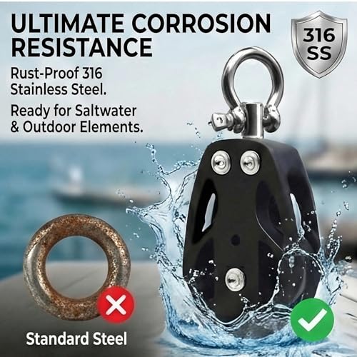 Helffer Single Pulley Block (35mm / 50mm), Lockable 360° Swivel & Heavy Duty Silent Nylon Wheel with T316 Stainless Steel Hardware for Gym Cable, Garage Hoist & Marine Rigging - size: 50mm Wheel, style: 2 Pack