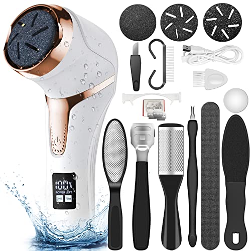 Hoxida Electric Callus Remover for Feet (with Dander Vacuum Cleaner), Quartz, Rechargeable Foot Pedicure Tools Foot File, Professional Foot Care Kit Deadskin Remover with 3Heads&2Speed,LCD Display - style: Electric Callus Remover +10in1