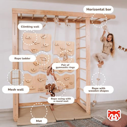 Wood And Hearts 7-in-1 Swedish Ladder Big Bridge Indoor Gym for Kids Active Play – Monkey Bars, Climbing Wall, Rope Accessories & Play Mats (6 Climbing Wall Panels)
