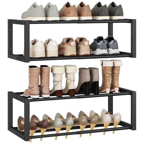 IBUYKE 2 Pack Wall Mounted Shoe Rack, 2-Tier 16"-29" Expandable Hanging Shoe Organizer for 12-16 Pairs, Space Saving Metal Wall Shoe Storage for Entryway Closet, Black TXJ001B-2 - color: Black