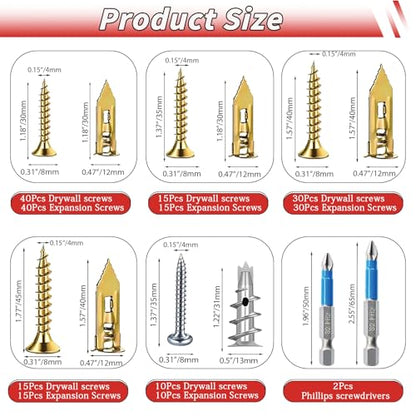 220PCS Self Drilling Drywall Anchors with Screws Kit, Wall Anchors for Drywall, 5-Sizes Metal Expansion Bolt for Dry Wall,110 PCS Sheetrock Anchors and 110 PCS Screws-No Drill Needed