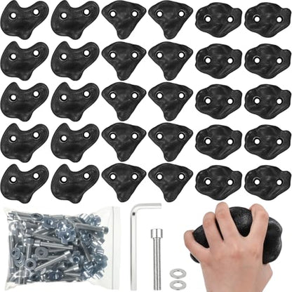 Soulchen 30 Pcs Rock Climbing Holds for Climber 3 Shapes Extra Large Rock Climbing Stone Wall Grips with Wrench, Screw for Indoor and Outdoor Playground Backyard Park (Black Classic Style)