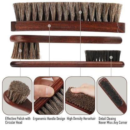 4-Piece 100% Horse Hair Shoe Brush Kit Premium Dauber Applicators Leather Care Cleaning Set with Polishing Brushes and Microfiber Cloth for Leather Suede Shoes Boots Bags Cars Cleaning Polishing