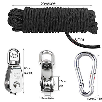 TooTaci 2pcs M25 Crane Pulley Block, Heavy Duty Pulley System for Lifting, 304 Stainless Steel Swivel Hook Single Pulley Wheel with 20M(6mm) Nylon Rope & 2pcs Spring Snap Hook | Heavy Duty Swivel Hook Single Pulley Wheel with 20M(6mm) Nylon Rope & 2pcs Sp
