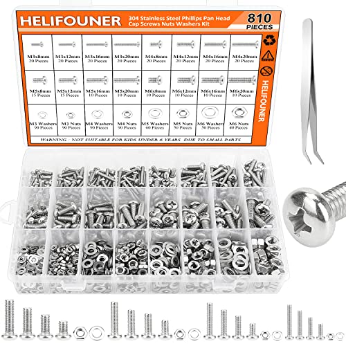 HELIFOUNER 810 Pieces M3 M4 M5 M6, 304 Stainless Steel Phillips Pan Head Machine Screws Bolts Nuts Washers Hardware Assortment Kit - size: M3 M4 M5 M6 (810 Pieces), style: Phillips Pan Head Machine Screws