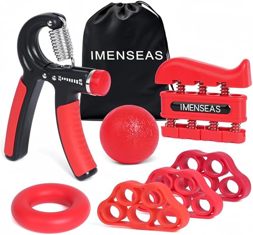 Grip Strength Trainer 7 Pack Adjustable Hand Gripper, Finger Stretcher Resistance Extensor Bands, Finger Exerciser, Grip Strength Ring & Stress Ball, Hand Grip Strengthener - color: Red